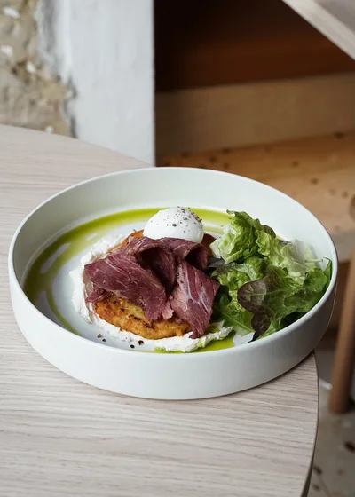 Pastrami hashbrown waffles