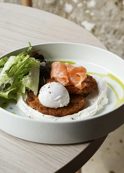 Salmon hashbrown waffles
