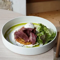 Pastrami hashbrown waffles