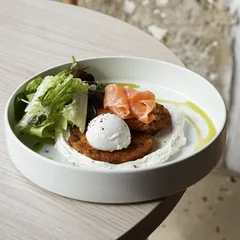 Salmon hashbrown waffles